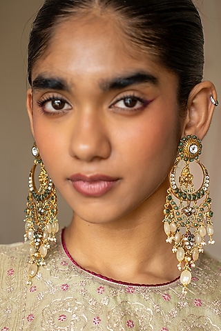 Gold Plated Moissanite Polki & Green Stone Dangler Earrings In Sterling Silver by Varq Jewels