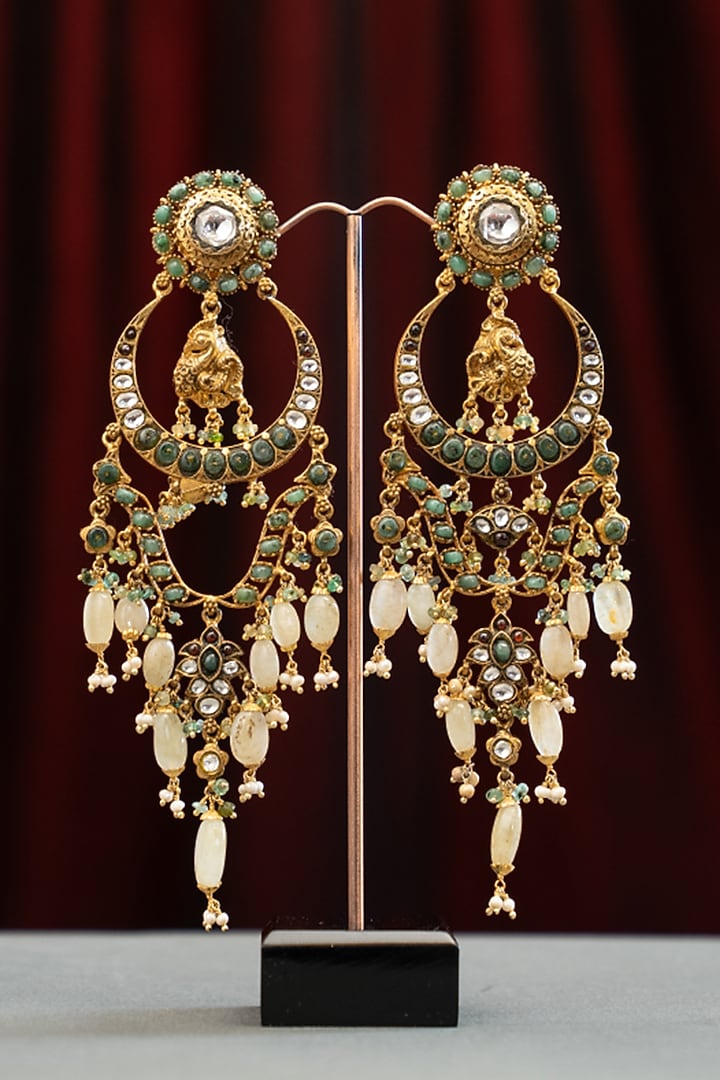 Gold Plated Moissanite Polki & Green Stone Dangler Earrings In Sterling Silver by Varq Jewels at Pernia's Pop Up Shop