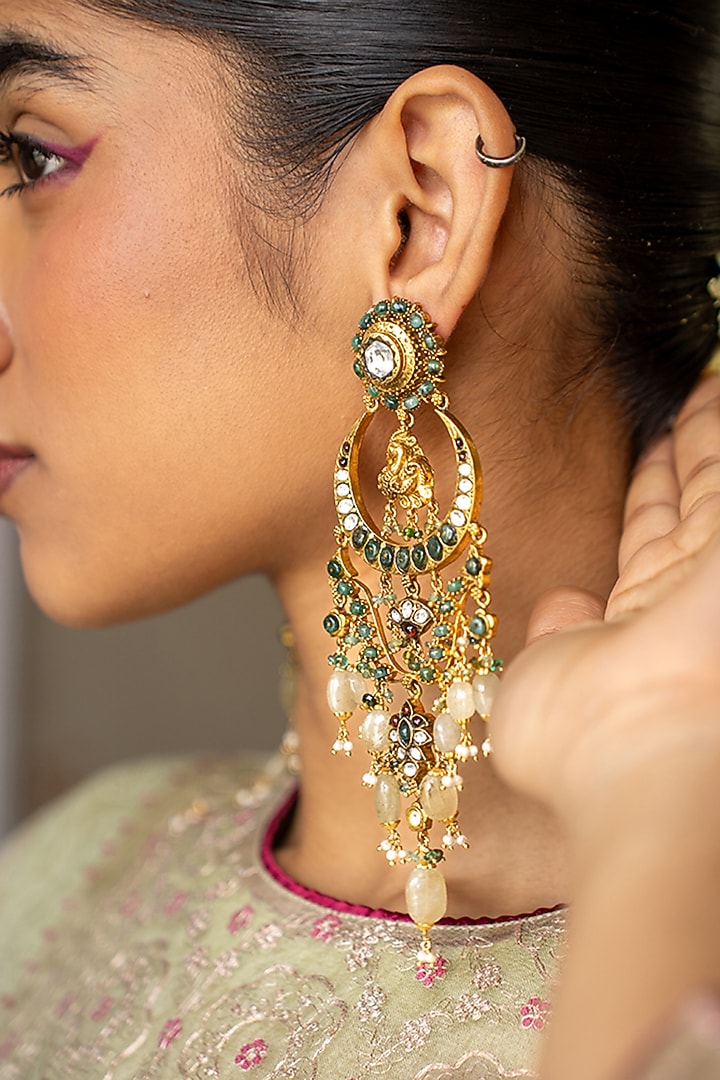 Gold Plated Moissanite Polki & Green Stone Dangler Earrings In Sterling Silver by Varq Jewels at Pernia's Pop Up Shop
