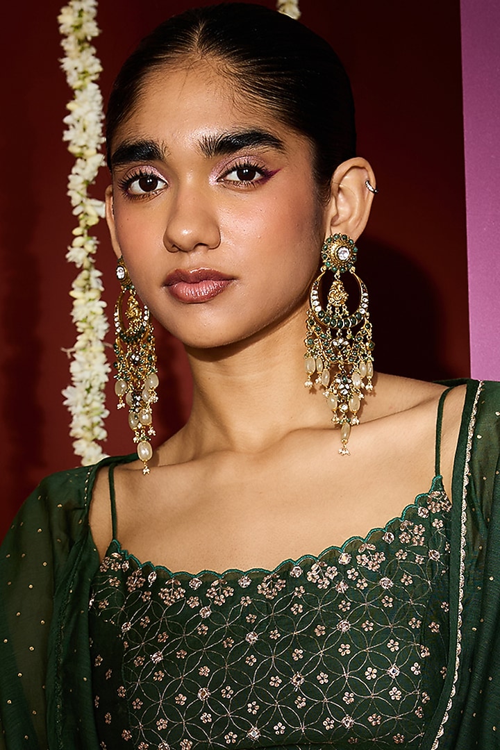 Gold Plated Moissanite Polki & Green Stone Dangler Earrings In Sterling Silver by Varq Jewels at Pernia's Pop Up Shop