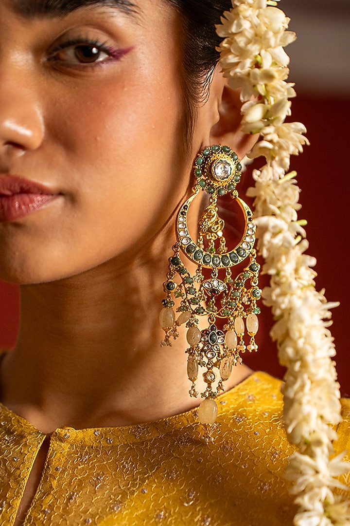 Gold Plated Moissanite Polki & Green Stone Dangler Earrings In Sterling Silver by Varq Jewels at Pernia's Pop Up Shop