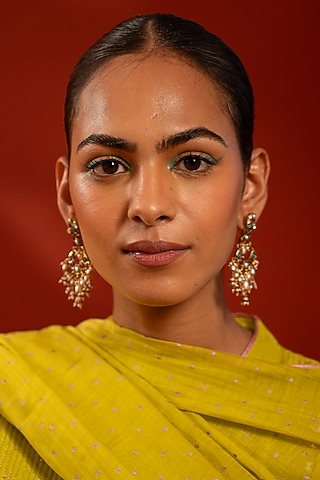 Gold Plated Moissanite Polki & Turquoise Stone Dangler Earrings In Sterling Silver by Varq Jewels