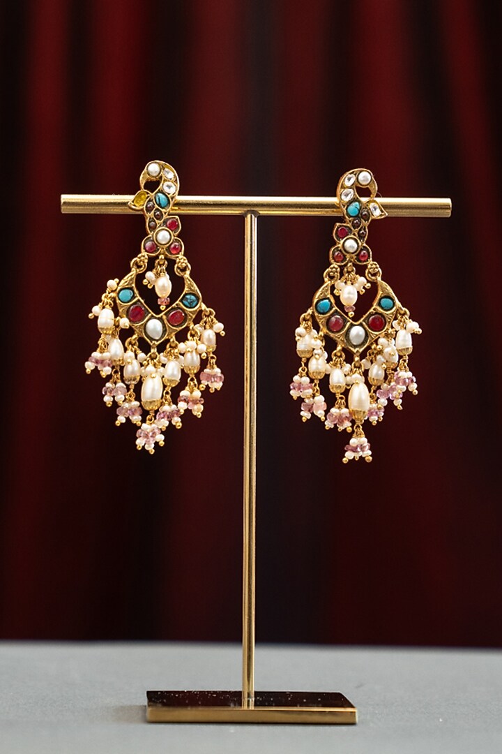 Gold Plated Moissanite Polki & Turquoise Stone Dangler Earrings In Sterling Silver by Varq Jewels at Pernia's Pop Up Shop