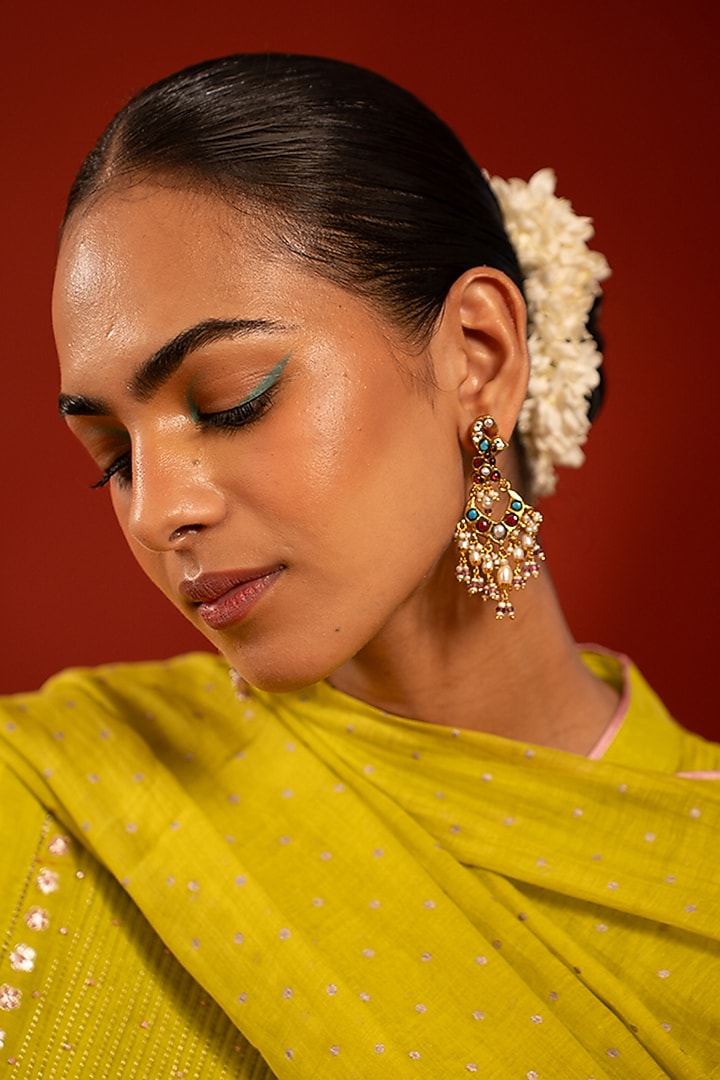 Gold Plated Moissanite Polki & Turquoise Stone Dangler Earrings In Sterling Silver by Varq Jewels at Pernia's Pop Up Shop
