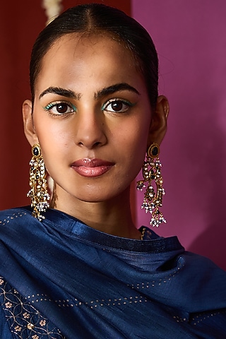 Gold Plated Moissanite Polki & Semi-Precious Stone Dangler Earrings In Sterling Silver by Varq Jewels