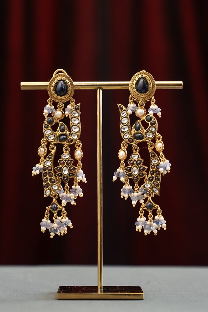 Gold Plated Moissanite Polki & Semi-Precious Stone Dangler Earrings In Sterling Silver by Varq Jewels at Pernia's Pop Up Shop