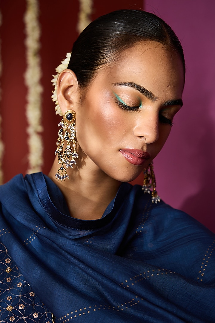 Gold Plated Moissanite Polki & Semi-Precious Stone Dangler Earrings In Sterling Silver by Varq Jewels at Pernia's Pop Up Shop