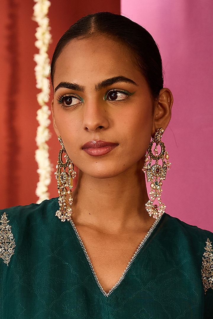 Gold Plated Moissanite Polki & Pearl Dangler Earrings In Sterling Silver by Varq Jewels at Pernia's Pop Up Shop