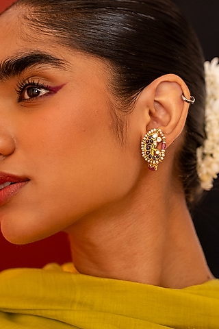 Gold Plated Moissanite Polki & Pink Stone Stud Earrings In Sterling Silver by Varq Jewels