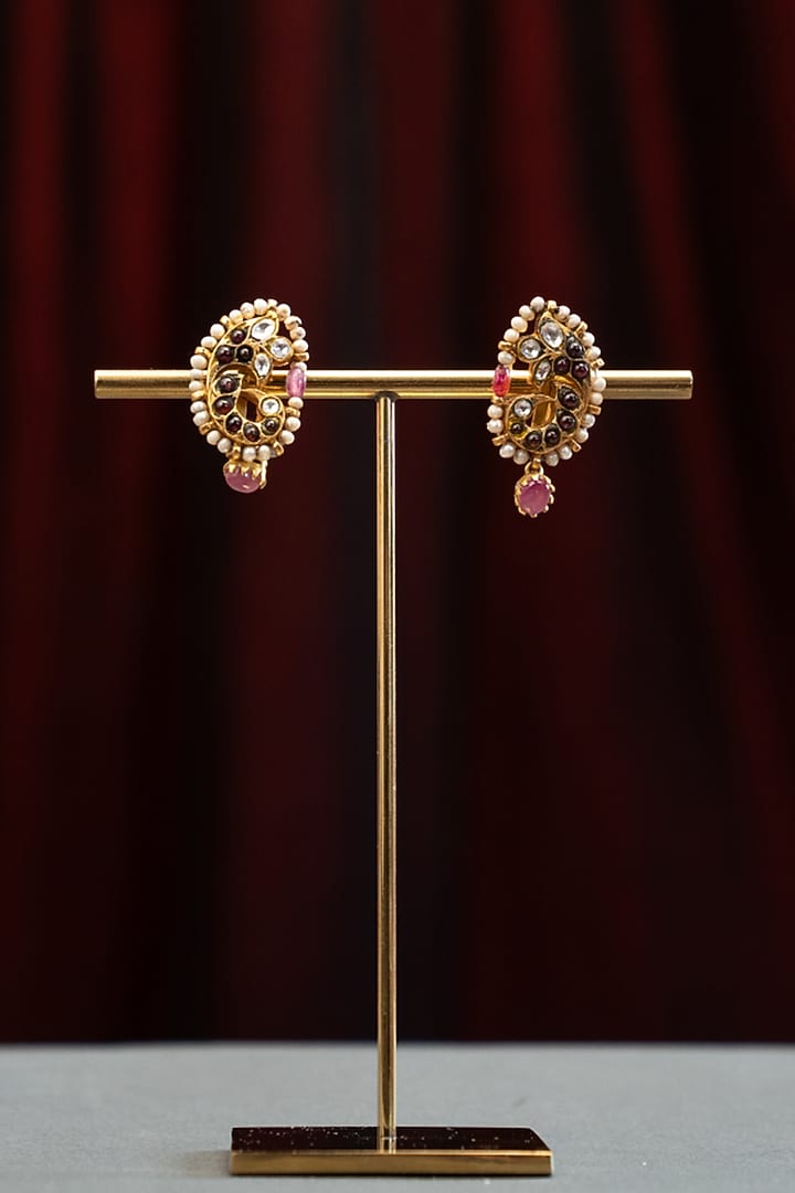 Gold Plated Moissanite Polki & Pink Stone Stud Earrings In Sterling Silver by Varq Jewels at Pernia's Pop Up Shop