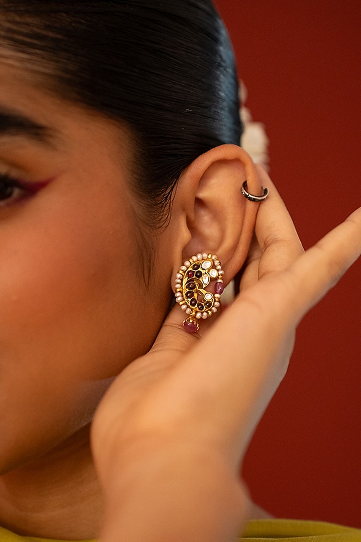 Gold Plated Moissanite Polki & Pink Stone Stud Earrings In Sterling Silver by Varq Jewels at Pernia's Pop Up Shop