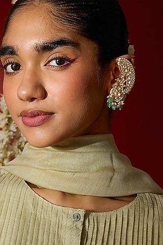 Gold Plated Moissanite Polki & Green Beaded Earcuffs In Sterling Silver by Varq Jewels