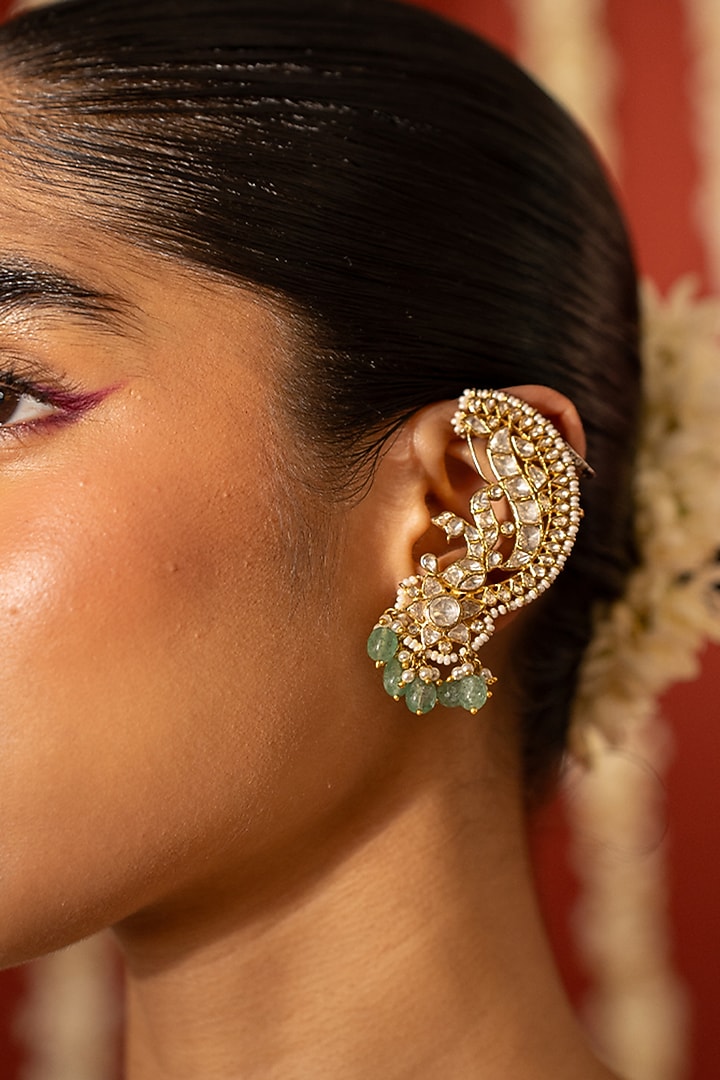 Gold Plated Moissanite Polki & Green Beaded Earcuffs In Sterling Silver by Varq Jewels at Pernia's Pop Up Shop