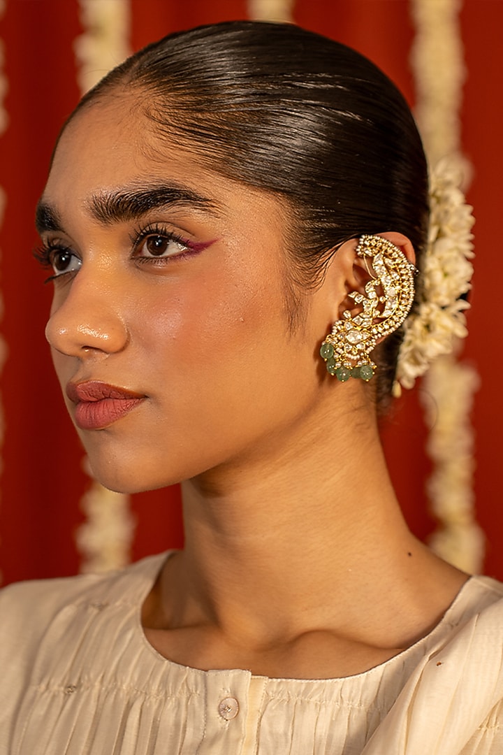 Gold Plated Moissanite Polki & Green Beaded Earcuffs In Sterling Silver by Varq Jewels at Pernia's Pop Up Shop