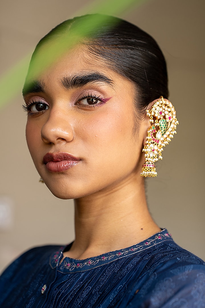 Gold Plated Green & White Stone Earcuffs In Sterling Silver by Varq Jewels at Pernia's Pop Up Shop