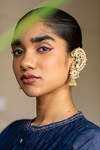 Gold Plated Green & White Stone Earcuffs In Sterling Silver by Varq Jewels