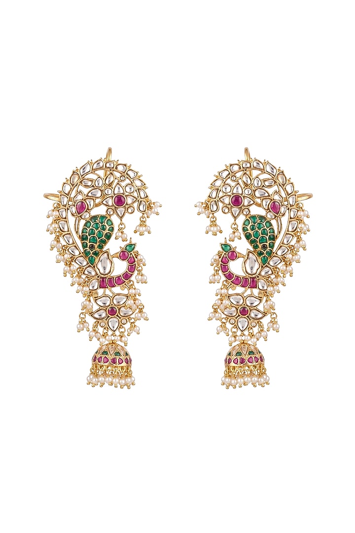 Gold Plated Green & White Stone Earcuffs In Sterling Silver by Varq Jewels at Pernia's Pop Up Shop