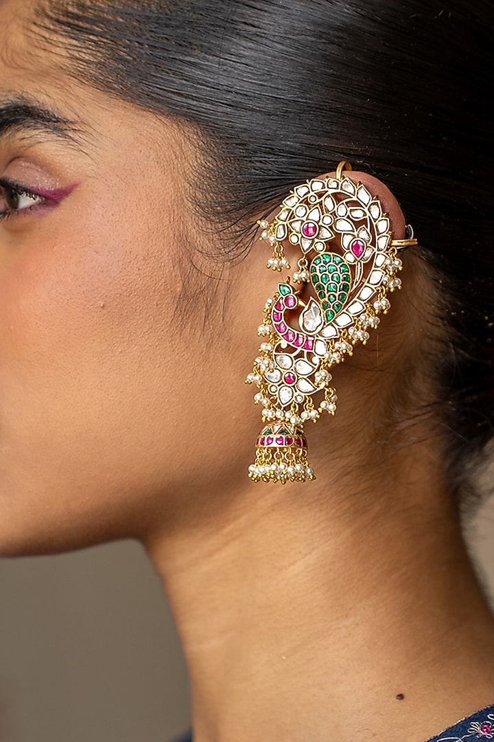 Gold Plated Green & White Stone Earcuffs In Sterling Silver by Varq Jewels at Pernia's Pop Up Shop