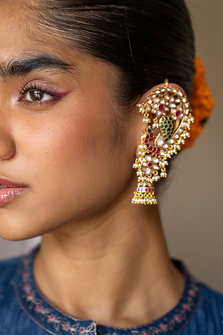 Gold Plated Green & White Stone Earcuffs In Sterling Silver by Varq Jewels at Pernia's Pop Up Shop