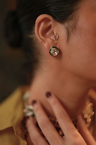 Gold Plated Navratna Semi-Precious Stone Floral Stud Earrings In Sterling Silver by Varq Jewels