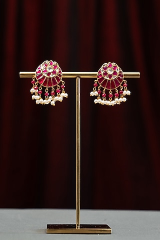 Gold Plated Red Beaded Stud Earrings In Sterling Silver by Varq Jewels