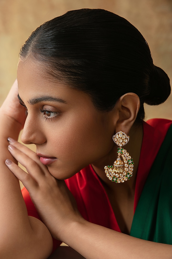 Gold Plated Semi-precious Green & White Stone Dangler Earrings In Sterling Silver by Varq Jewels at Pernia's Pop Up Shop