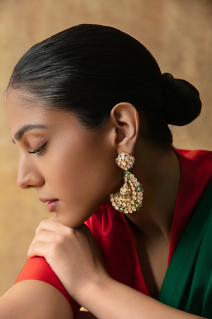 Gold Plated Semi-precious Green & White Stone Dangler Earrings In Sterling Silver by Varq Jewels at Pernia's Pop Up Shop