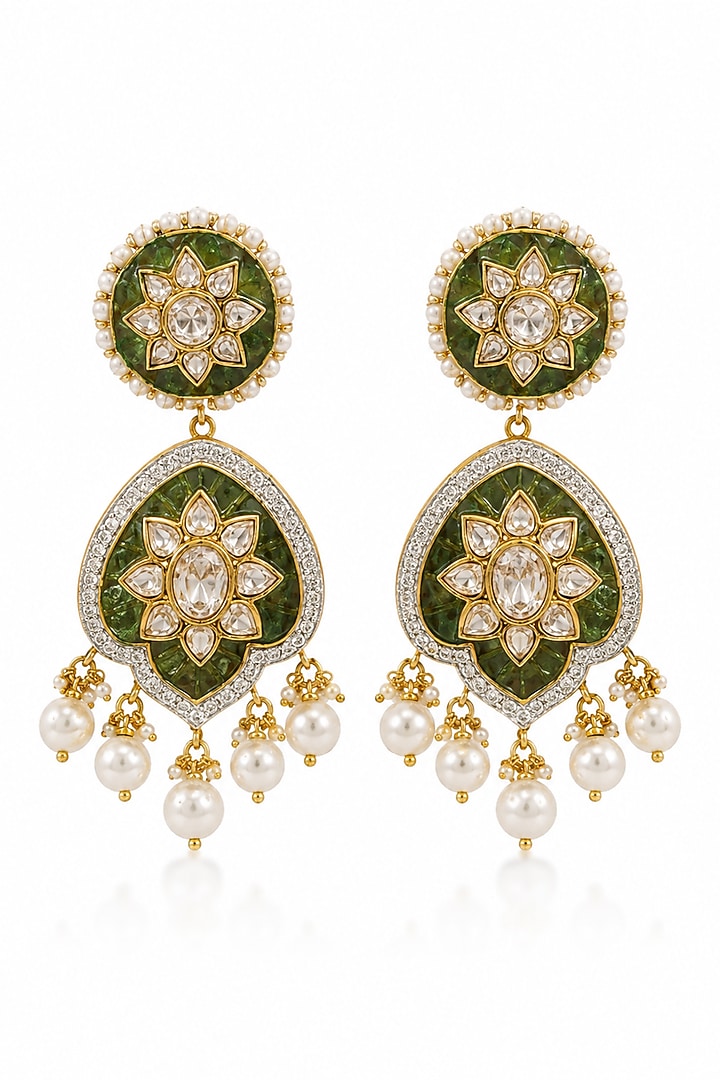 Gold Plated Moissanite Polki & Pearl Green Enameled Dangler Earrings In Sterling Silver by Varq Jewels at Pernia's Pop Up Shop