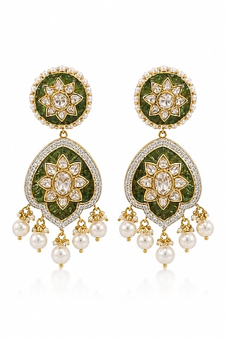 Gold Plated Moissanite Polki & Pearl Green Enameled Dangler Earrings In Sterling Silver by Varq Jewels