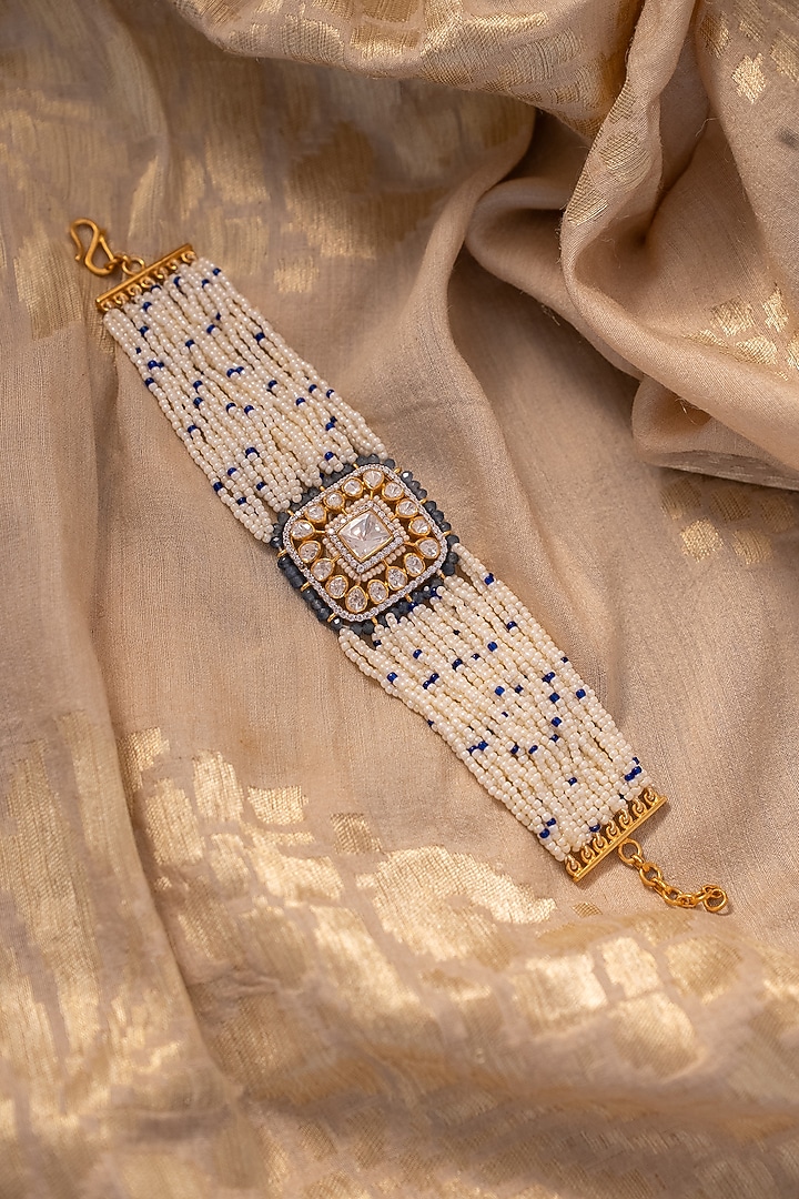 Gold Plated Kundan Polki & Seed Pearl Bracelet In Sterling Silver by Varq Jewels at Pernia's Pop Up Shop