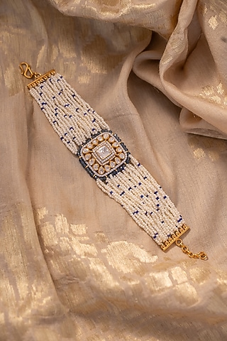 Gold Plated Kundan Polki & Seed Pearl Bracelet In Sterling Silver by Varq Jewels