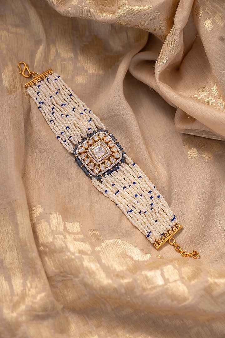Gold Plated Kundan Polki & Seed Pearl Bracelet In Sterling Silver by Varq Jewels at Pernia's Pop Up Shop