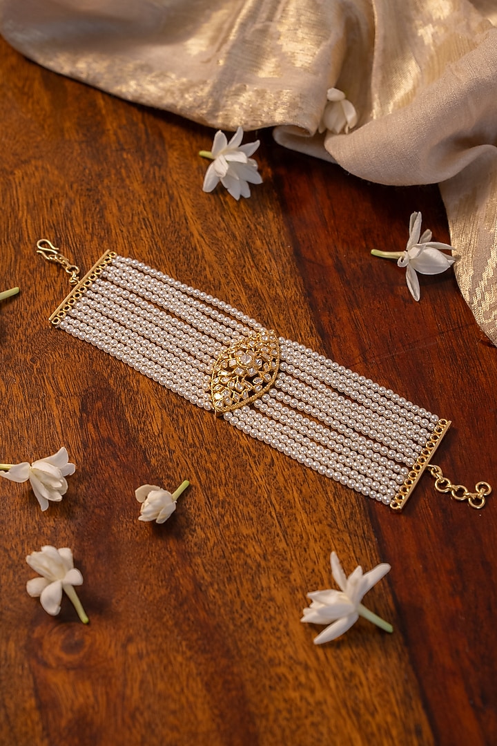 Gold Plated Pearl & Floral Motif Bracelet In Sterling Silver by Varq Jewels at Pernia's Pop Up Shop