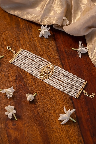 Gold Plated Pearl & Floral Motif Bracelet In Sterling Silver by Varq Jewels