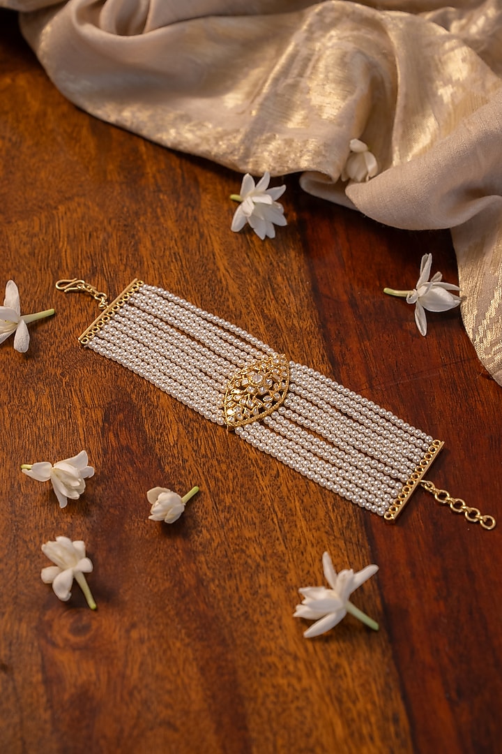 Gold Plated Pearl & Floral Motif Bracelet In Sterling Silver by Varq Jewels at Pernia's Pop Up Shop