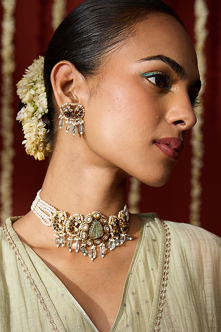 Gold Plated Moissanite Polki Floral Motifs Stud Earrings In Sterling Silver by Varq Jewels at Pernia's Pop Up Shop
