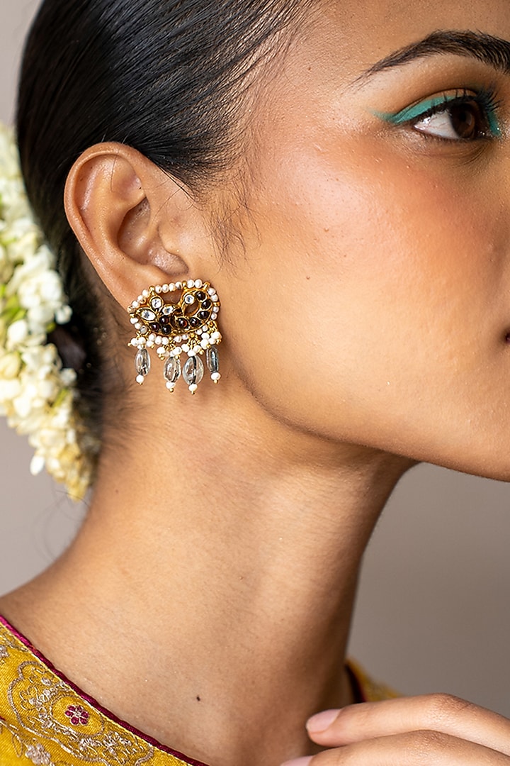 Gold Plated Moissanite Polki Floral Motifs Stud Earrings In Sterling Silver by Varq Jewels at Pernia's Pop Up Shop