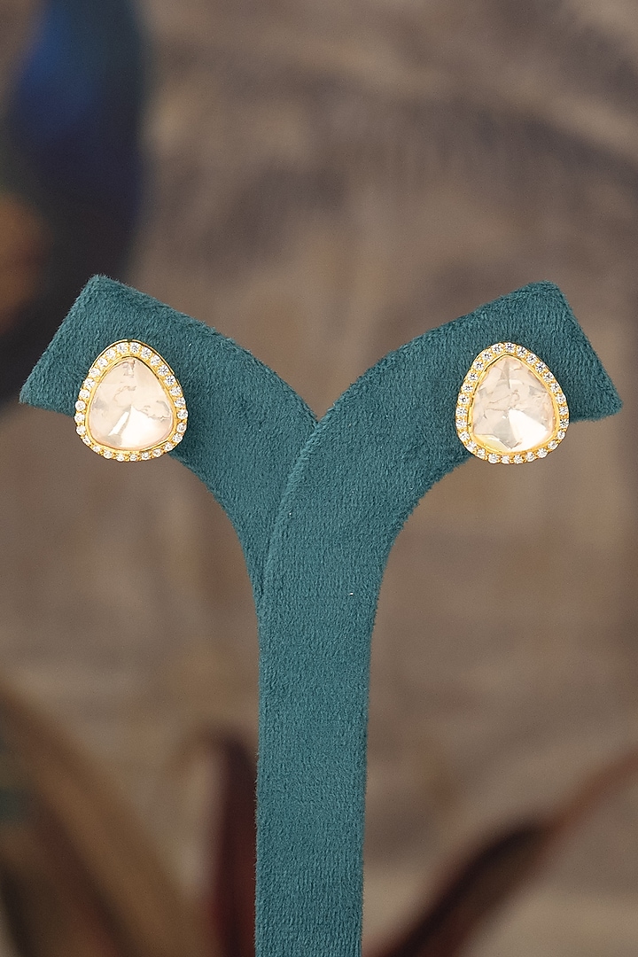 Gold Finish Kundan Polki Stud Earrings In Sterling Silver by Varq Jewels at Pernia's Pop Up Shop