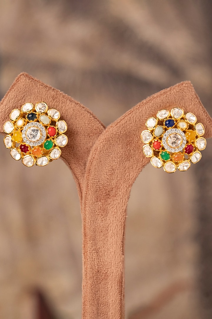 Gold Plated Multi-Colored Stone Stud Earrings In Sterling Silver by Varq Jewels at Pernia's Pop Up Shop