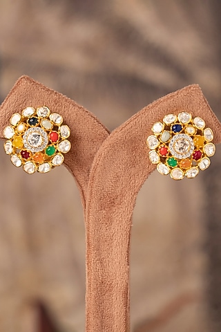 Gold Plated Multi-Colored Stone Stud Earrings In Sterling Silver by Varq Jewels