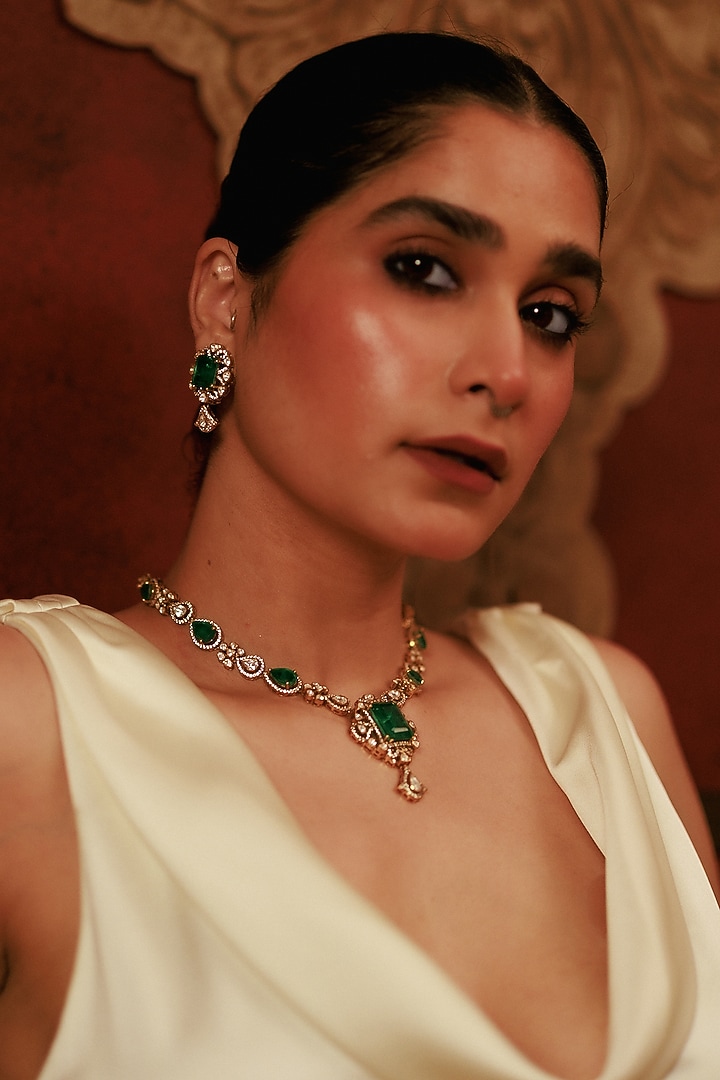 Gold Finish Kundan Polki Dangler Earrings In Sterling Silver by Varq Jewels at Pernia's Pop Up Shop