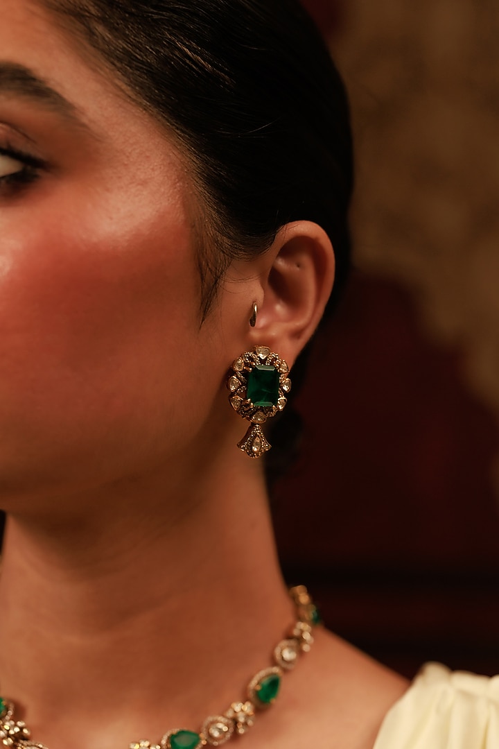 Gold Finish Kundan Polki Dangler Earrings In Sterling Silver by Varq Jewels at Pernia's Pop Up Shop