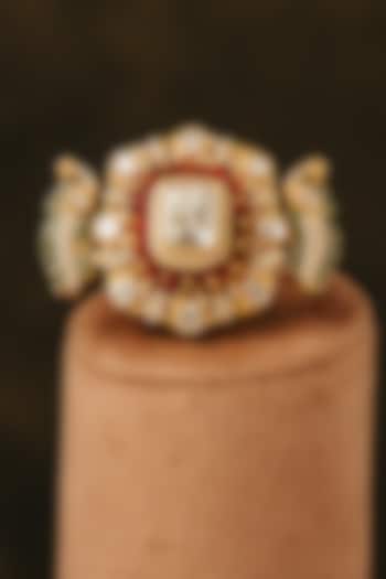 Gold Finish Kundan Polki & Green Stone Ring In Sterling Silver by Varq Jewels at Pernia's Pop Up Shop