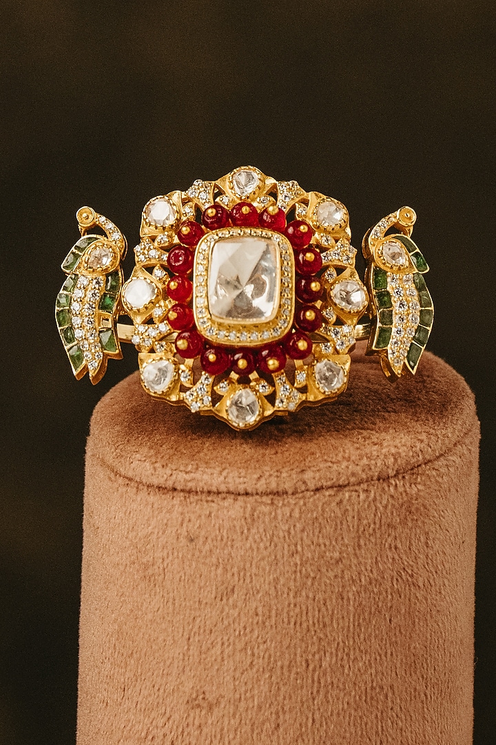 Gold Finish Kundan Polki & Green Stone Ring In Sterling Silver by Varq Jewels at Pernia's Pop Up Shop