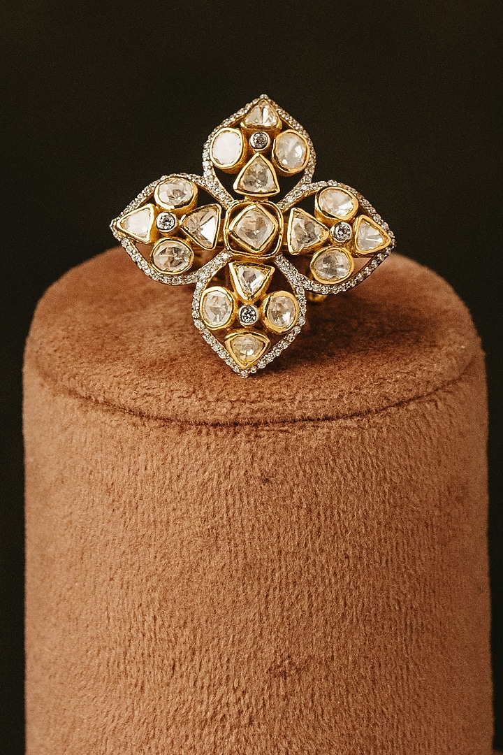 Gold Finish Kundan Polki Floral Cluster Ring In Sterling Silver by Varq Jewels at Pernia's Pop Up Shop