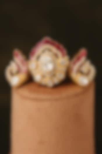 Gold Finish Kundan Polki Floral Ring In Sterling Silver by Varq Jewels at Pernia's Pop Up Shop