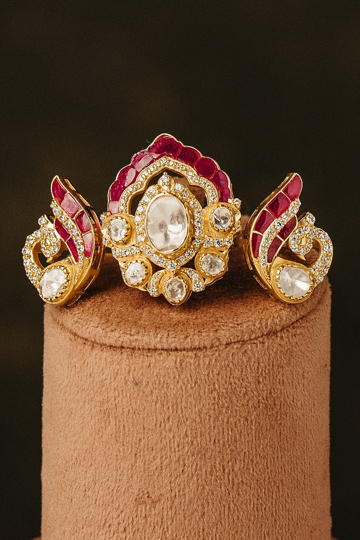 Gold Finish Kundan Polki Floral Ring In Sterling Silver by Varq Jewels at Pernia's Pop Up Shop