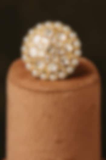 Gold Finish Kundan Polki & Pearl Floral Ring In Sterling Silver by Varq Jewels at Pernia's Pop Up Shop