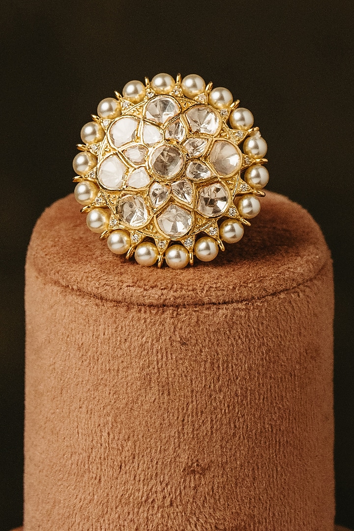 Gold Finish Kundan Polki & Pearl Floral Ring In Sterling Silver by Varq Jewels at Pernia's Pop Up Shop