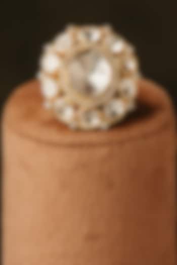 Gold Finish Kundan Polki Floral Ring In Sterling Silver by Varq Jewels at Pernia's Pop Up Shop